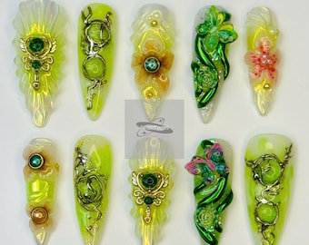 3D Floral Green Press On Nails | Enchanted Fantasy False Nails