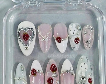 Handmade Strawberry Bunny Press On Nails – Kawaii Almond Nail Art
