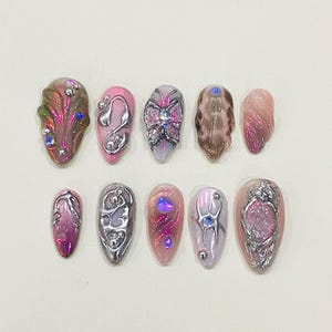 Metallic Chrom Mittlere Presse auf den Nägeln Handgefertigte Pink Silver Nail Set futuristische 3D glänzender Glanz Luxus Handgemachte Nägel für Party, Geburtstag