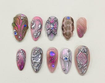 Metallic Chrome Press On Nails, Pink Silver 3D Glossy Nail Set