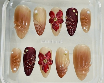 Freestyle 3D Flowers in orange-brown tones Medium almond Press On Nails, Hand Painted Fake Nails, Prom,Event,Birthday Nails, Goth,Gothic,Y2K