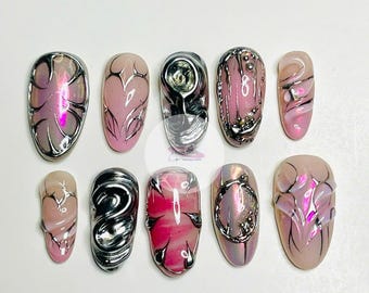 Unhas postiças cromadas rosa, nail art abstrata prateada, unhas postiças feitas à mão