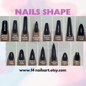 May include: Image displaying different nail shapes, such as square, almond, coffin, and stiletto, with measurements in millimetres. The image includes the text "NAILS SHAPE" and the website address www.14 nailsart.etsy.com.
