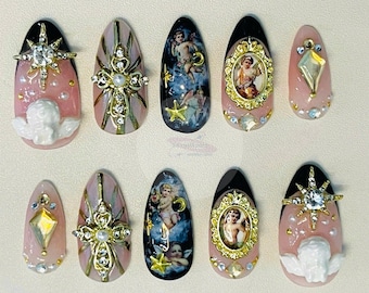 Baroque Angel Almond Press On Nails – Gold Cross, Cherub, Luxury Retro Nail Art