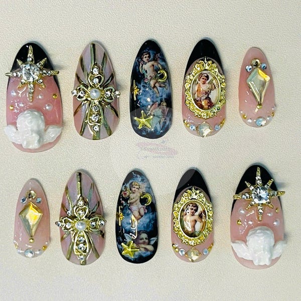Baroque Angel Almond Press On Nails – Gold Cross, Cherub, Luxury Retro Nail Art