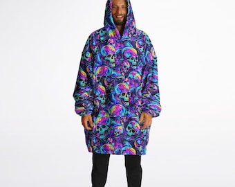 Sudadera con capucha reversible y cómoda con estampado de calaveras de neón unisex, ropa de fiesta rave para festival, manta con capucha de doble cara de gran tamaño, regalos únicos