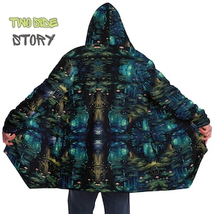 Micro-fleece Psychedelic Forest Hooded Cloak,Festival Rave Party Wear,EDM Festival Cape,Men&#39;s Rave Cape,Trippy Printed Festival Jacket Cape