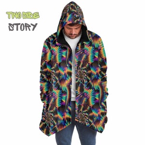 Festival Psychedelic Spiral Print Micro-fleece Hooded Cloak,Party Wear,EDM Festival Cape,Men&#39;s Rave Cape,Trippy Printed Festival Jacket Cape