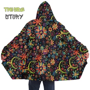 Vivid Colors Micro-fleece Psychedelic Hooded Cloak,Festival Rave Party Wear,EDM Festival Cape,Men&#39;s Rave Cape,Trippy Printed Festival Jacket