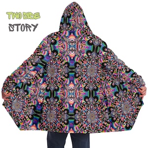 Micro-fleece Psychedelic Spiral Hooded Cloak,Festival Rave Party Wear,EDM Festival Cape,Men's Rave Cape,Trippy Print Festival Jacket