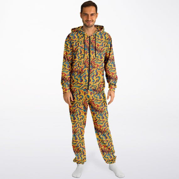 Psychedelic Melting Pizza Adult Jumpsuit, All Over Print Onesie,Pizza Print  PJs,Fast Food Print Overalls,Winter One Piece Christmas Pajamas