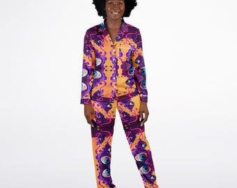 Trippy Eyes Women's Satin Pajamas Purple Psychedelic Satin PJs Party Clothes Shamanic Rave Festival Gift