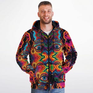 May include: A black zip-up hoodie with a psychedelic pattern featuring colourful eyes, swirls, and abstract shapes.