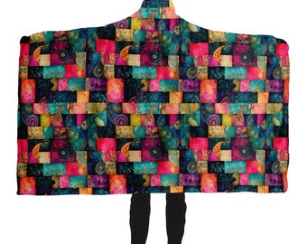 Colourful Square Pattern Print Wearable Blanket,Sherpa Lined Warm All Over Print Hooded Blanket,Christmas Gift for Her,Y2K Fashion, Mum Gift