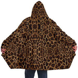 Sexy Animal Print  Microfleece Rave Jacket,EDM Festival Cloak,Rave Brown Leopard Print Sherpa Lined Hooded Cloak,DJ Cape,Burning Man