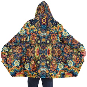 Psychedelic Trippy Colorful Printed Microfleece Jacket,EDM Festival Rave Cloak,Rave Jacket Psychedelic Trippy Rave Sherpa Lined Hooded Cloak