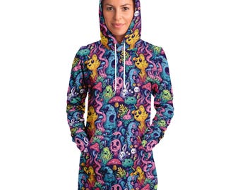 All Over Print Trippy Kawaii Monsters Party Dress, Psychedelic Trippy Festival Longline Hoodie, Women Rave Outfit, Christmas Gift for Her