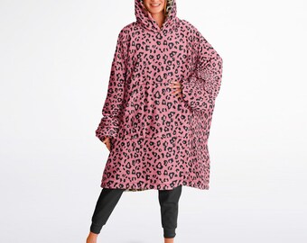 Sudadera unisex con capucha reversible con estampado de leopardo en color rosa y marrón Y2K, sudadera con capucha y mangas con estampado animal sexy, ropa de estar por casa, regalo de Navidad