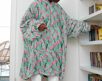 Reversible Snug Hoodie: Arizona Green Tea Print, Sherpa Fleece Wearable Blanket