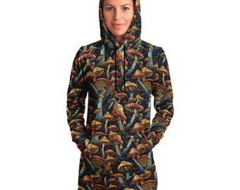 Mushroom Print Rave Dress, Psychedelic Longline Hoodie
