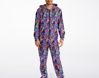 Unisex Rave Festival Psychedelic Purple Trippy Waves Jumpsuit,Adult Zip Up Jumpsuit,Psy Trippy Pajamas,Adult Onesie,Creative Gift for Friend