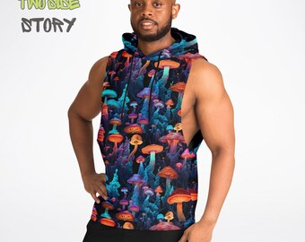 Psychedelic Mushrooms Trippy Print Hooded Men Fashion Tank Top,Pullover Hooded Sleeveless T-shirt,Novelty Birthday Gift,EDM Festival Clothes