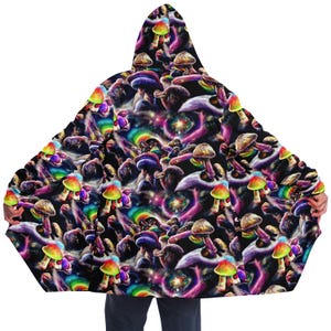 Cloak Psychedelic Trippy Magic Mushrooms Printed Microfleece Hoodie Trippy Cloak Rave Party Gift for Him Funny Christmas Birthday Gift