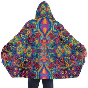 Psychedelic Trippy Colorful Printed Microfleece Rave Jacket,EDM Festival Cloak,Rave Psychedelic Trippy Sherpa Lined Hooded Cloak,DJ Cape