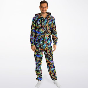 Jumpsuit  Adult Black Psychedelic Print Rave Festival Boilersuit Psy Trippy Warm Winter Pajamas Adult Onesie Trippy Print Pajamas Gift