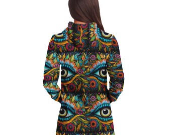 Hoodie Dress Psychedelic Trippy Eye Festival Hoodie Oversized All Over Print Hoodie Rave Party Dress Raver Gift For Party Lover