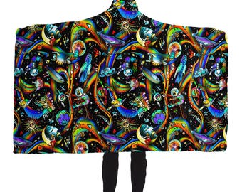 Trippy tragbare Decke, Sherpa-gefütterte psychedelische Fisch-Kapuzendecke, psychedelische Kleidung, Festival-Rave-Abnutzung, Decke mit Kapuze