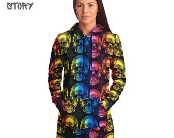 Vestido con capucha de corte largo con estampado de calaveras brillantes, sudadera con capucha de gran tamaño para Halloween, regalos novedosos, regalos navideños únicos, vestido de fiesta rave del festival EDM