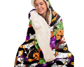 Sherpa Lined Cute Kawaii Cats Printed Hooded Blanket,Kawaii Clothes,Blanket with Hood,Wearable Blanket, Cartoon Animals Sherpa Lined Blanket