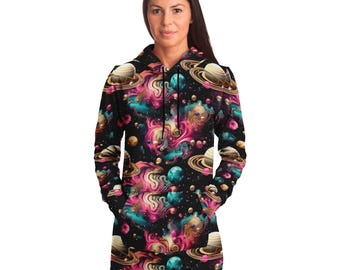 Psychedelic Cosmic Print Festival Longline Hoodie Dress,Oversized All Over Print Constellation Hoodie,Novelty Christmas Gift,Rave Dress