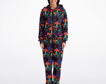 Rave Festival Psychedelic Shrooms Print Adult Zip Up Jumpsuit,Psy Trippy Mushroom Pajamas,Adult Onesie,Creative Fun Christmas Gift