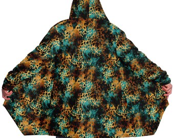 Unisex Sexy Neon Leopard Print Y2K Sherpa Lined Cloak,EDM Festival Cloak,Rave Leopard Print Hooded Cape,DJ Cape,Rave Jacket,Burning Man