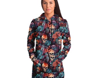 Vestido con capucha de corte largo con estampado de calaveras de neón, sudadera con capucha de terror de Halloween de gran tamaño, regalos novedosos, regalos navideños únicos, vestido de fiesta rave del festival EDM