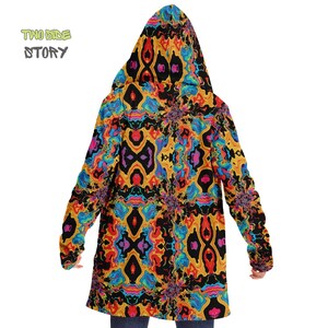 Micro-fleece Hooded Cloak,Psychedelic Print Festival Rave Party Wear,EDM Festival Cape, Men&#39;s Rave Cape, Trippy Printed Festival Jacket Cape