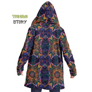 Capa con capucha de microfibra en espiral psicodélica, ropa para fiestas rave, capa para festivales EDM, capa rave para hombres, chaqueta con estampado psicodélico para festivales