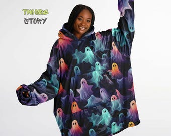 Zabawna bluza z kapturem Neon Ghosts Snug na Halloween, nadrukowany kaptur, rękawy na koc, odzież wypoczynkowa, nowatorskie prezenty urodzinowe i świąteczne dla niego lub dla niej