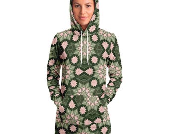 Psychedelic Green Mandala Festival Longline Hoodie Dress,Oversized All Over Print Hoodie,Novelty Gift,Unique Christmas Gift,Rave Party Dress