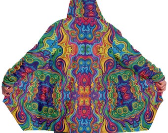 Men Rave Festival Psychedelic Spiral Print Micro-fleece Hooded Cloak,Party Wear,EDM Festival Cape,Party Cloak,Trippy Printed Festival Jacket