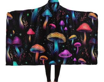 Sherpa Lined Psychedelic Magic Mushrooms Hooded Blanket,Psychedelic Clothes, Festival Rave Wear, Blanket with Hood, Trippy Wearable Blanket