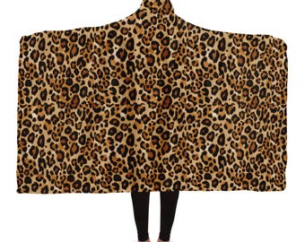 Brown Leopard Print Wearable Blanket, Sherpa Lined Animal All Over Print Hood Blanket, Christmas Gift for Her, Y2K Fashion, Girlfriend Gift