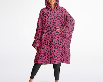 Sudadera con capucha reversible con estampado de leopardo en color rosa y marrón sexy Y2K, manta con capucha y mangas con estampado animal sexy, ropa de estar en casa, regalo de Navidad