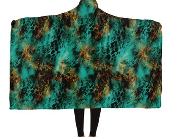 Turquoise Leopard Print Wearable Blanket,Sherpa Lined Animal All Over Print Hood Blanket,Christmas Gift for Her,Y2K Fashion,Girlfriend Gift