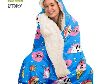 Cute Kawaii Micro-fleece Hooded Cloak, Kawaii Animals Print Festival Rave Party Wear, Festival Cape, Kawaii Cartoon Hooded Wearable Blanket