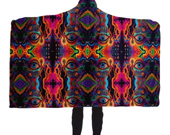 Colourful psychedelic Print Wearable Blanket,Sherpa Lined Warm All Over Print Hooded Blanket,Christmas Gift for Her,Y2K Fashion,Party Animal