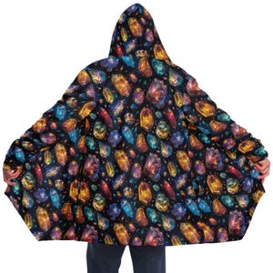 Psychedelic Cosmic Gmenstones Print Microfleece Jacket,EDM Festival Trippy Cloak,Rave Cloak,Trippy Rave Sherpa Lined Hooded Cloak,Rave Gear