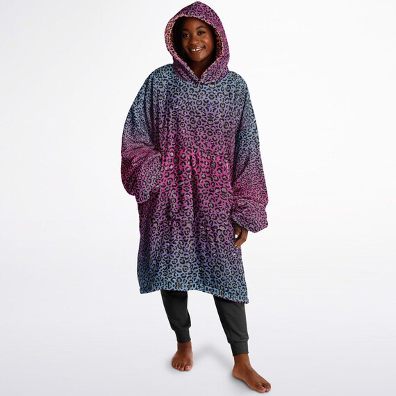 Bright Leopard Print Y2K Reversible Snug Hoodie,Sexy Animal Print Pullover  Hooded Blanket with Sleeves,Lounge Wear,Fun Christmas Gift